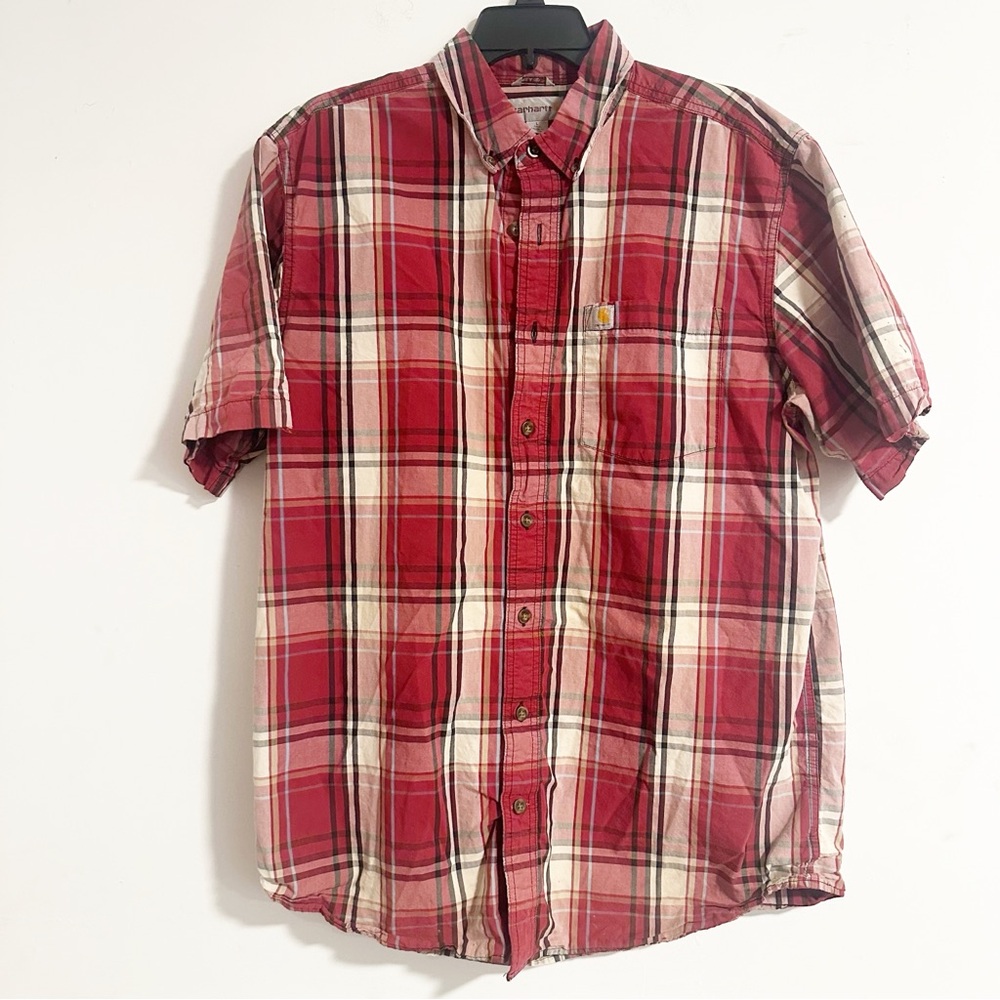 Carhartt Relaxed Fit Worn Plaid Button Down Short Sleeve Cotton Workwear Shirt